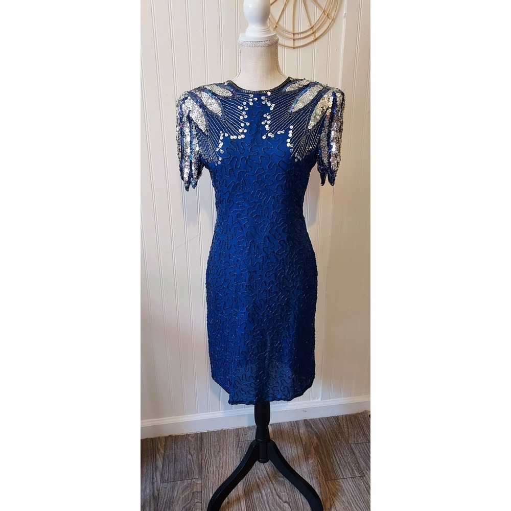 Scala Beaded Silk Cocktail Dress Womens M Blue Sequin Keyhole Back Vintage Style